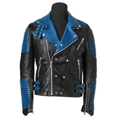 Handmade men's black blue fashion leather zipper biker jacket