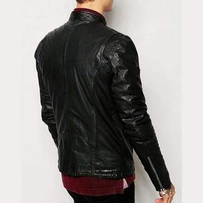 Handmade men's black pockets fashion leather zipper biker jacket
