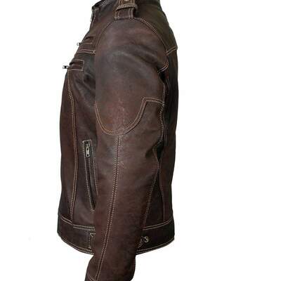 Handmade men's brown fashion leather zipper biker jacket