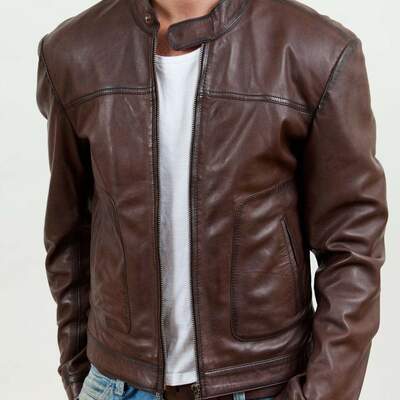 Handmade men's brown fashion leather zipper biker jacket