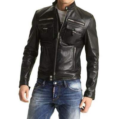 Handmade men's black fashion leather zipper biker jacket