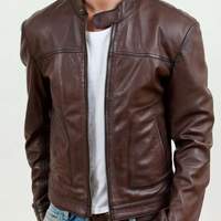 Handmade Men's Brown Fashion Leather Zipper Biker Jacket - Thumbnail 1