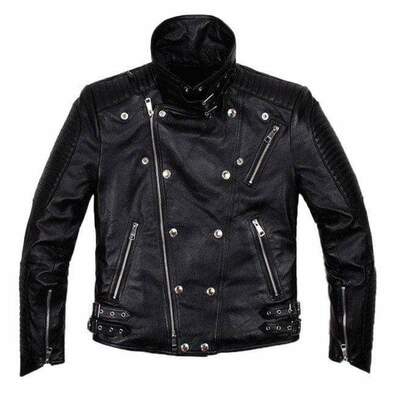 Handmade men's black fashion leather zipper biker jacket