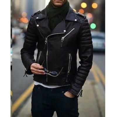 Handmade men's black button fashion leather zipper biker jacket