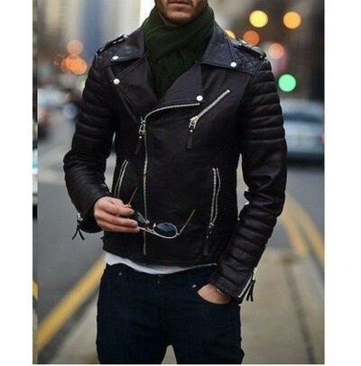 Handmade Men's Black Button Fashion Leather Zipper Biker Jacket
