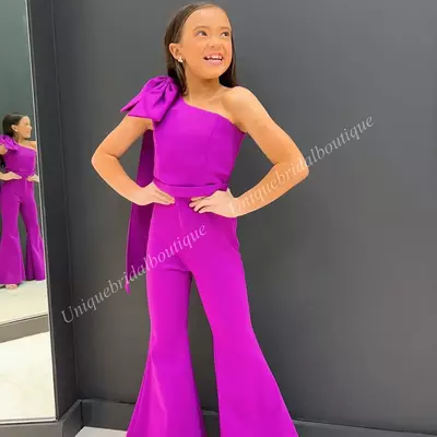 Jumpsuits flower girl dress pageant & performance one-shoulder juniors cute prom dress chiffon with bow fun fashion bell flare pants  - Thumbnail 5