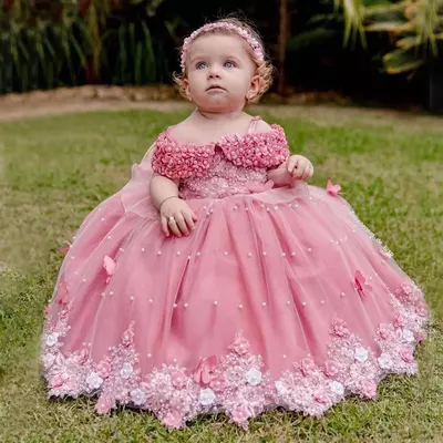 Lovely pearls flower girl dresses for wedding off the shoulder lace appliqued toddler pageant gowns tulle floor length ball gown kids birthday dress - Thumbnail 4