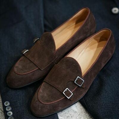 Decent wear men's brown double monk strap suede shoes