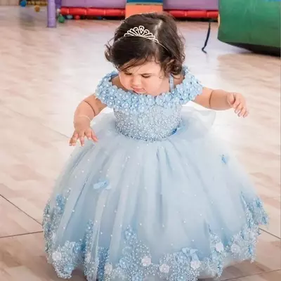 Light blue lace flower girl dresses for wedding 3d appliqued ball gown toddler pageant gowns tulle pearls floor length kids birthday dress - Thumbnail 3