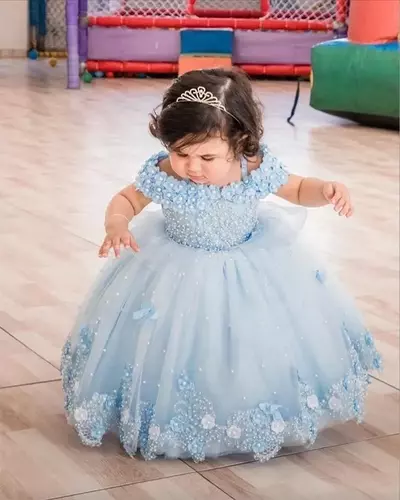 Light Blue Lace Flower Girl Dresses For Wedding 3D Appliqued Ball Gown Toddler Pageant Gowns Tulle Pearls Floor Length Kids Birthday Dress