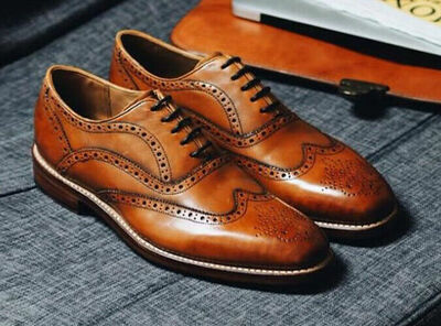 Men Handmade Leather Dress Shoes Brown Leather Formal Wingtip Shoes