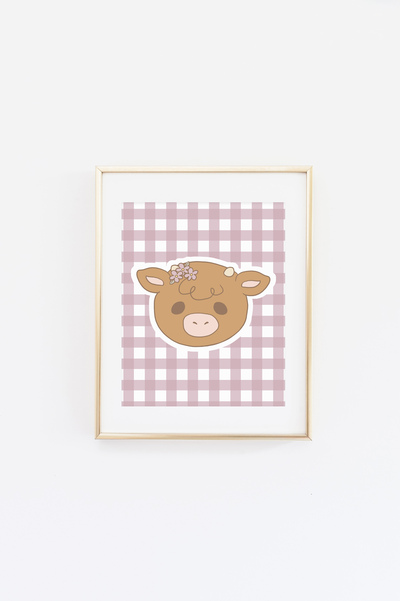 Cow on Purple Gingham Print
