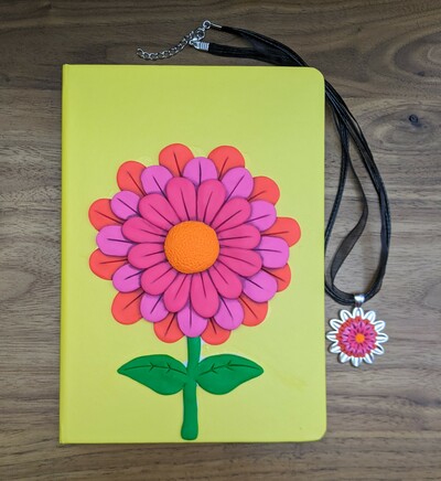 Hippie flower journal and pendant set polymer clay notebook cover 