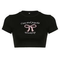 Cute and Psycho Bow Embroidery Crop Top - Thumbnail 4