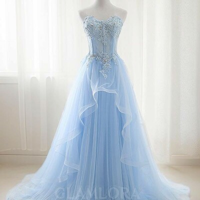 A-line princess unique sweetheart sleeveless sweep train tulle corset dress,1014