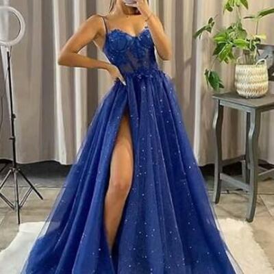 Flattering a-line spaghetti straps sleeveless sweep train corset dress with sequins,1016