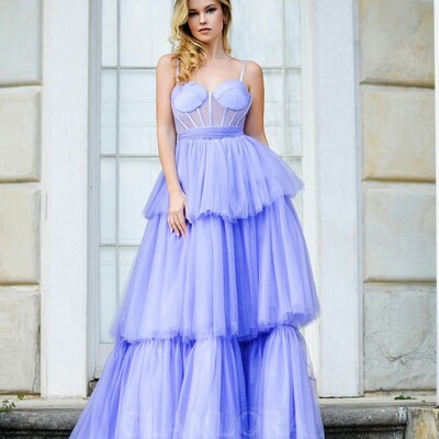A-line spaghetti straps floor-length tulle corset dress,1017