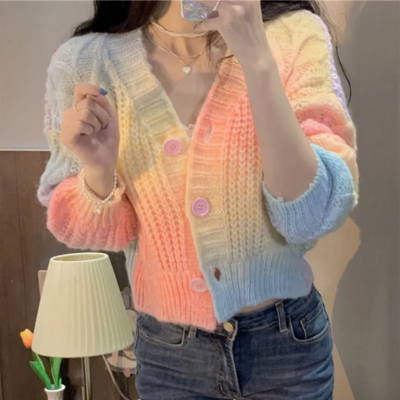 Gradient rainbow twist sweater cardigan v-neck short knitted sweater - Thumbnail 2