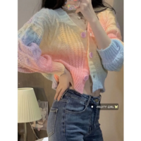Gradient rainbow twist sweater cardigan V-neck short knitted sweater - Thumbnail 1