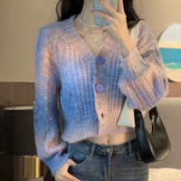 Gradient rainbow twist sweater cardigan V-neck short knitted sweater - Thumbnail 6