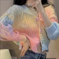 Gradient rainbow twist sweater cardigan V-neck short knitted sweater - Thumbnail 2