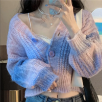 Gradient rainbow twist sweater cardigan V-neck short knitted sweater - Thumbnail 5