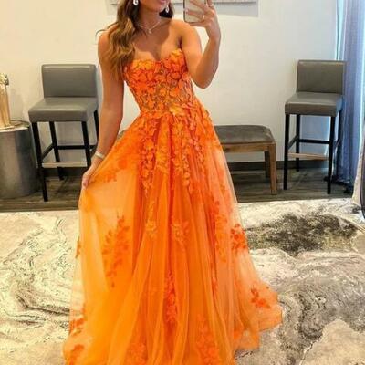 A-line sweetheart applique long prom dress with lace cheap evening gowns,1021