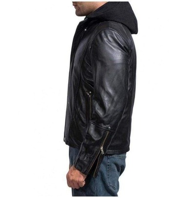 Handmade Men's Hooded Fashion Zipper  Black Leather Jacket