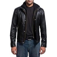 Handmade Men's Hooded Fashion Zipper  Black Leather Jacket - Thumbnail 1
