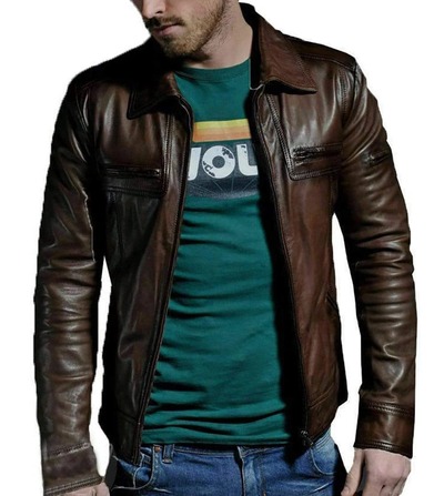 Handmade Men's Brown Leather Biker Zipper Fashion Jacket