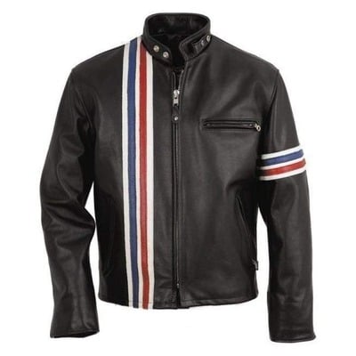 Handmade men's black leather fashion stripped jacket
