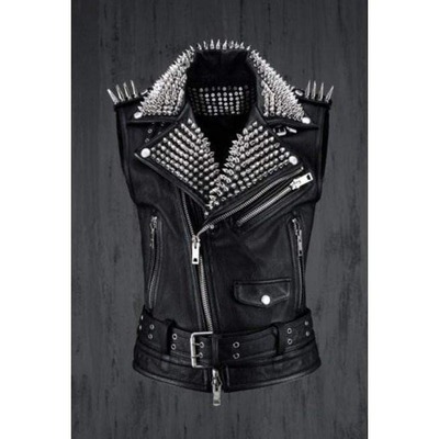 Handmade men's fashion black leather silver studded zipper jacket