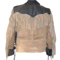 Men's Suede & Leather Black Beige Fringe Handmade Jacket - Thumbnail 1