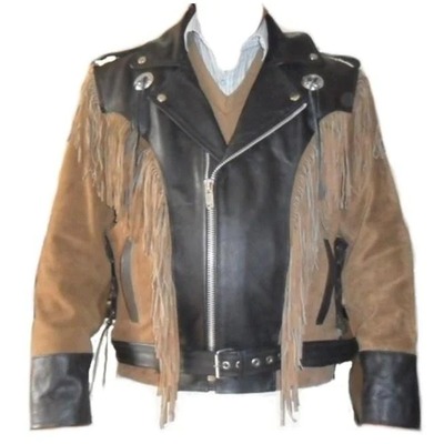 Men's suede & leather black beige fringe handmade jacket