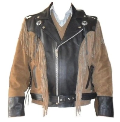 Men's Suede & Leather Black Beige Fringe Handmade Jacket