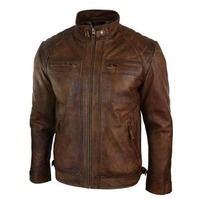 Men's Brown Leather Biker Zipper Fashion Handmade Jacket - Thumbnail 1