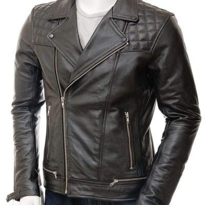 Handmade men's fashion black leather zipper biker jacket