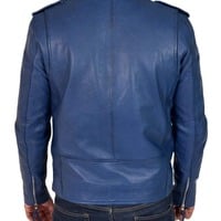 Handmade Men's Blue Leather Zipper Double Pocket Biker Jacket - Thumbnail 1