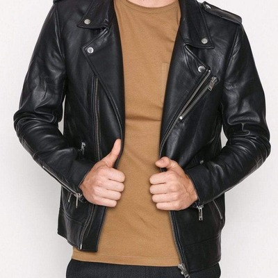 Handmade men's black leather zipper fashion biker jacket