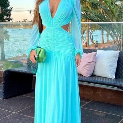Blue sheer long sleeve prom dress graduation gown party dress  - Thumbnail 1