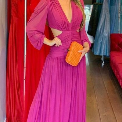 Hot pink fuchsia sheer long sleeve prom dress graduation gown party dress  - Thumbnail 1
