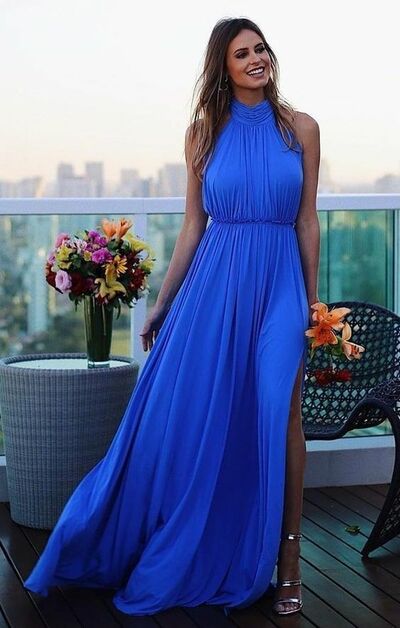Royal Blue High Neck Chiffon Prom Dress Graduation Gown Party Dress 