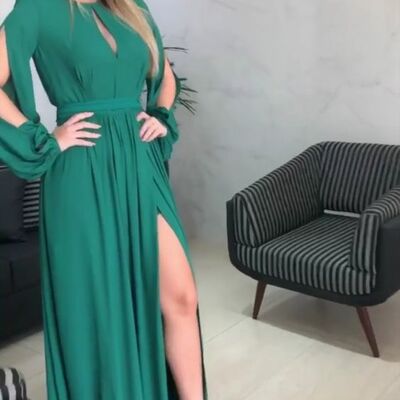 Green chiffon sheer long sleeve side slit prom dress graduation gown party dress  - Thumbnail 2