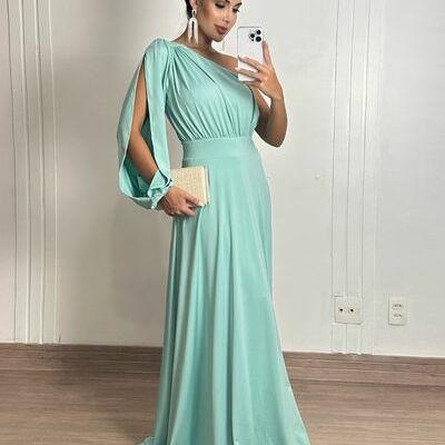 Simple blue one shoulder prom dress graduation gown party dress  - Thumbnail 2
