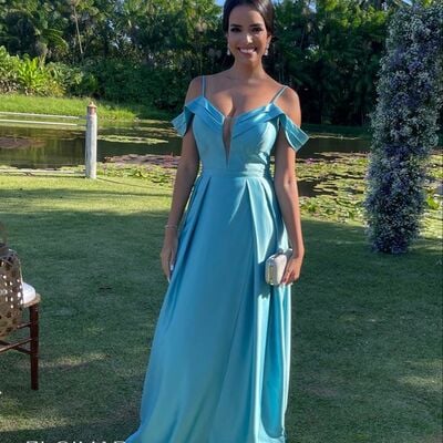 Simple blue off the shoulder prom dress graduation gown party dress  - Thumbnail 3