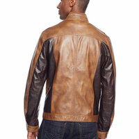 Handmade Men's Brown Black Leather Fashion Double Pocket Zipper Jacket - Thumbnail 1