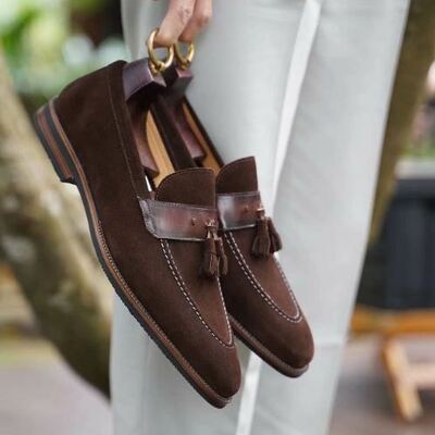 Brown suede wedding wear handmade loafers slips on moccasin shoes