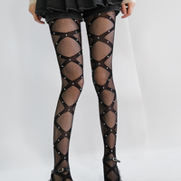 Black Criss cross Tights Pantyhose Stockings With Pearl Details - Thumbnail 2