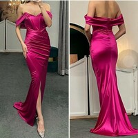 Off The Shoulder Strapless Satin Evening Prom Dress - Thumbnail 1