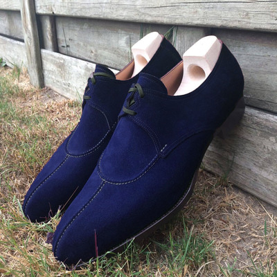 Navy blue suede split toe handmade dress lace up formal shoes - Thumbnail 1
